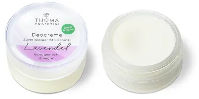 Thoma Naturpflege Deocreme Lavendel in geöffneter und geschlossener Dose, vegan und ohne Natron.