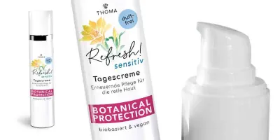 THOMA Refresh! Sensitiv Tagescreme – Duftfreie, vegane Pflege mit Botanical Protection für reife Haut im praktischen Airless-Spender.